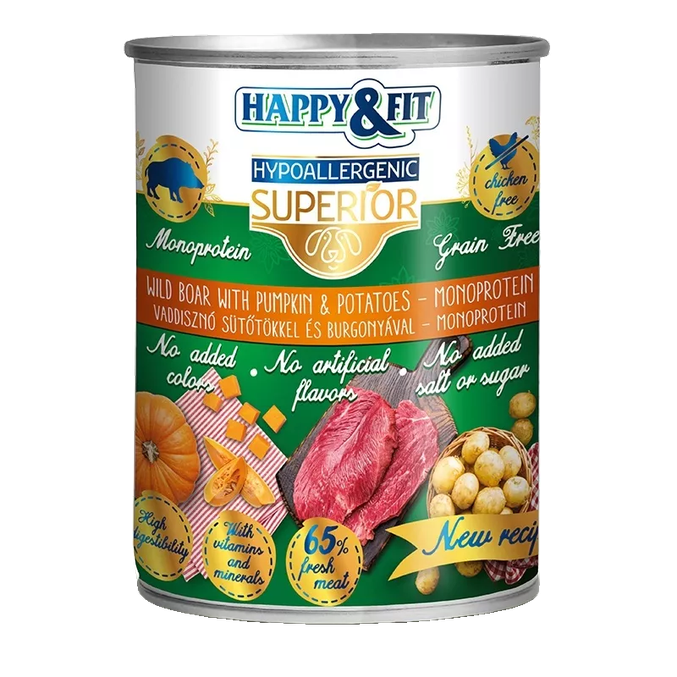 Happy&Fit Superior monoproteinska mokra hrana za pse – divji prašič z bučo in krompirjem 400 g